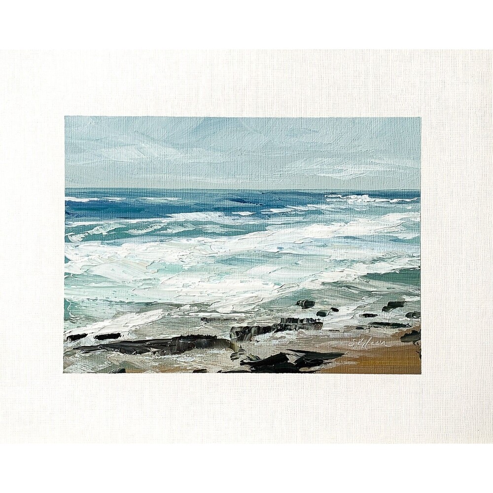 8x10 Original Oil Seascape Painting Ocean Waves Coastal Rock Contemporary Signed
